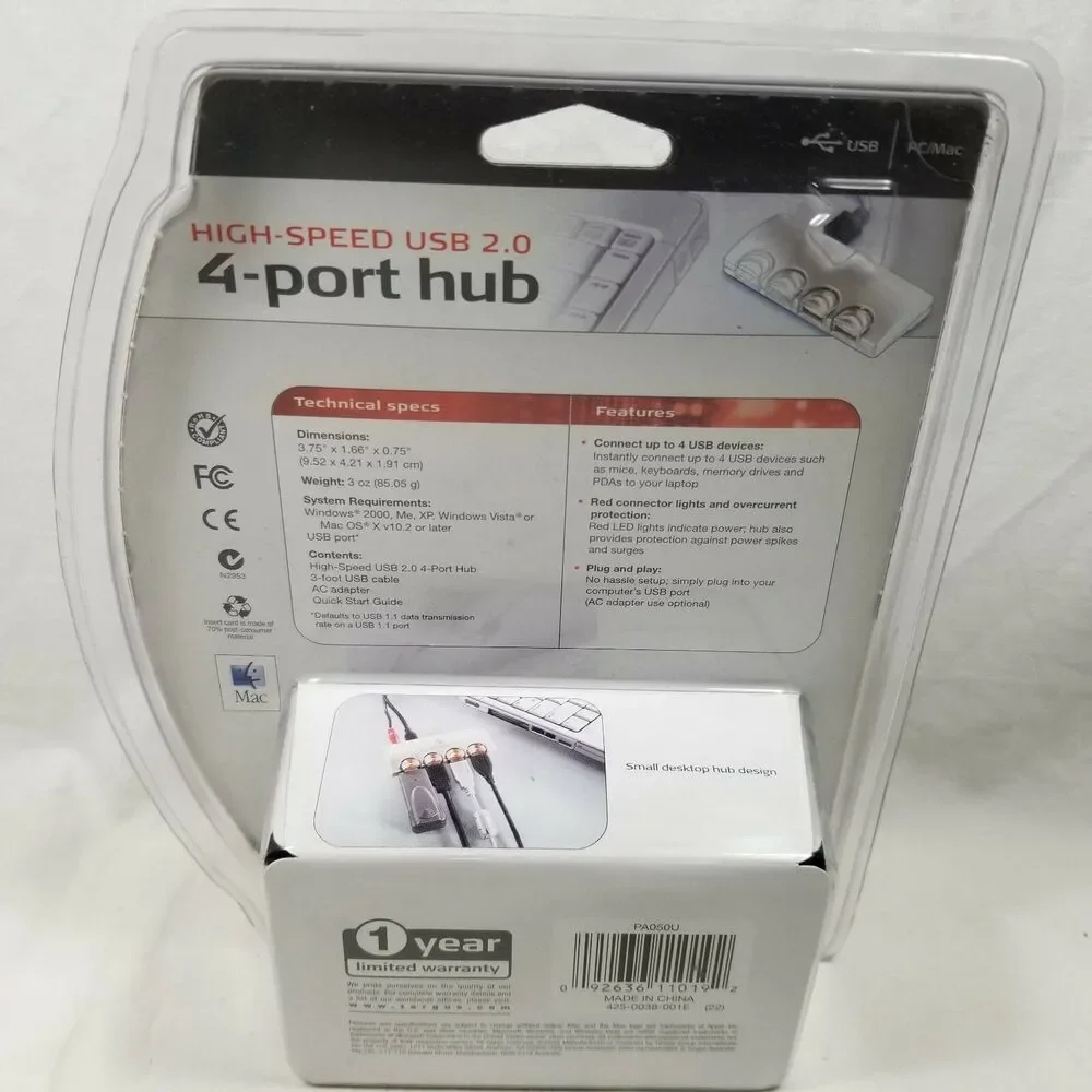 Targus PA050U High Speed 2.0 USB 4 Port Hub PC & Mac New Sealed